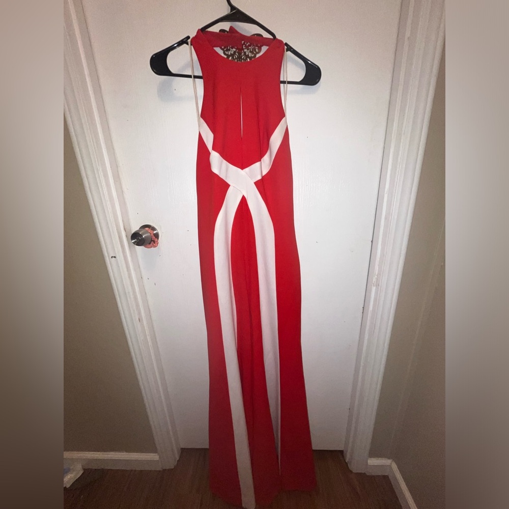 Vintage 70s red and white flared leg halter neck keyhole jumpsuit